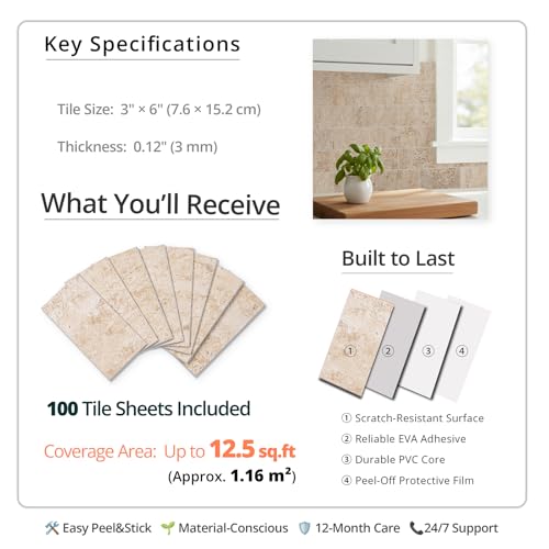 StyloVue 100 Pieces Peel and Stick Backsplash for Kitchen, 3" x 6" PVC Subway Tile, 2026 Upgraded Classic Travertine Beige, Stick on Tile for Kitchen, Fireplace, RV - color: Beige Travertine