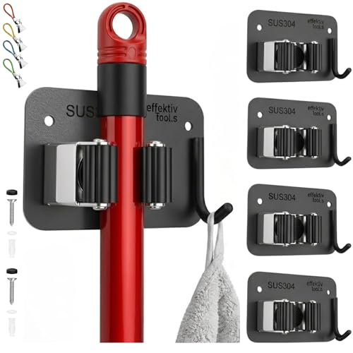 4 Pack Wall Mount Hanger for Brooms & Mops - Heavy Duty Adhesive SUS304 Stainless Steel Broom Holder with 1 Clamp, 1 Hook, & 4 Towel Hangers for Small Nooks & Utility Closet Organization - color: 4 Pack - 1 Clamp