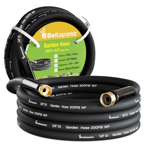 Beitopamz Garden Hose 25 ft x 5/8 in Heavy Duty Water Hose, Flexible and Durable, Lightweight Rubber Hybrid Hose, Leak-Free Connections, Male to Female 3/4'' Brass Fittings for Patio, Lawn, Black - size: 25ft Male to Female