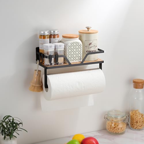 SUNTECH Magnetic Paper Towel Holder with Shelf, 2 Pack Kitchen Roll Holder with 4 Hooks, Farmhouse Spice Rack Organizer Strong Magnets for Fridge, Grill, Black - color: Black, size: 11.8-inch(2 Pack)