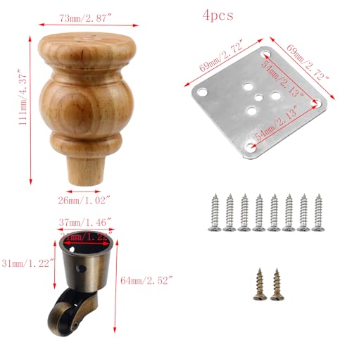 4pcs 6" Wooden Furniture Legs with Furniture Casters, Gourd Shape - color: Wood Color, size: Height: 6"