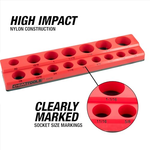 OEMTOOLS 22484 3-Pc Magnetic Socket Organizer for 68 SAE Sockets | SAE Magnetic Socket Holder, Non-Marring Rubberized Base Socket Holders, Holds 1/4, 3/8, 1/2 Inch Sizes, Clearly Marked Sizes - style: 3Pc Red