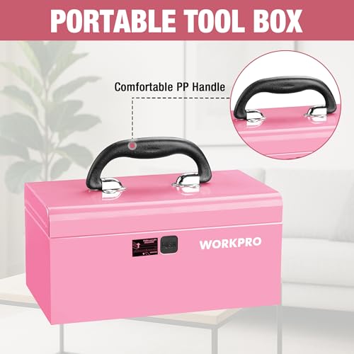 WORKPRO 10.8" Mini Metal Tool Box with Removable Tray - color: Pink