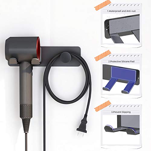Hair Dryer Holder Wall Mounted, Stainless Steel Self Adhesive Blow Dryer Holder Rack for Dyson Supersonic Hair Dryer,Black - color: Black