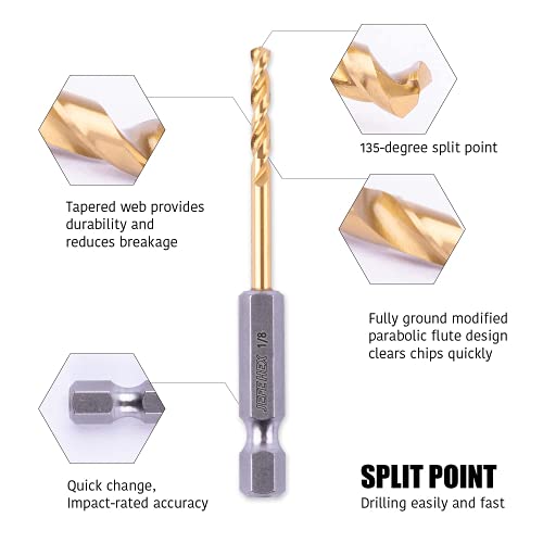 JEFE HEX 3/32" 12 PCS Hex Shank Drill Bit for Quick Change, HSS Titanium Twist Bit, 135 Degree Split Point, Precision Start Drill Bit for Wood, Plastics, Steel, Copper, Aluminum Alloy (Pack of 12) - size: 3/32" (12 pcs)