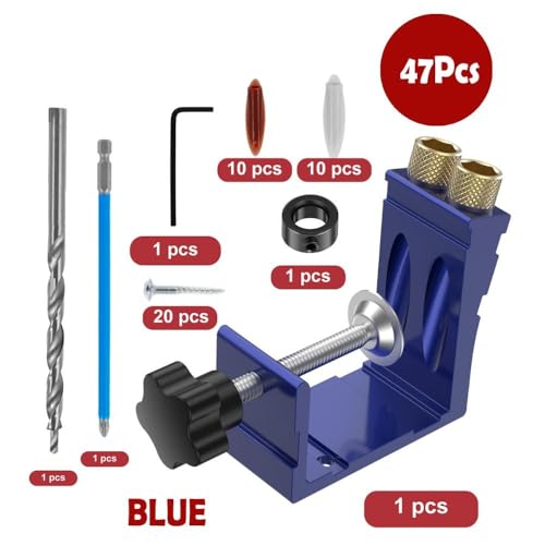 Pocket Hole Jig Kit Adjustable 15 Degree Angle Drill Guide with Clamp and Screws for Woodworking(Blue)