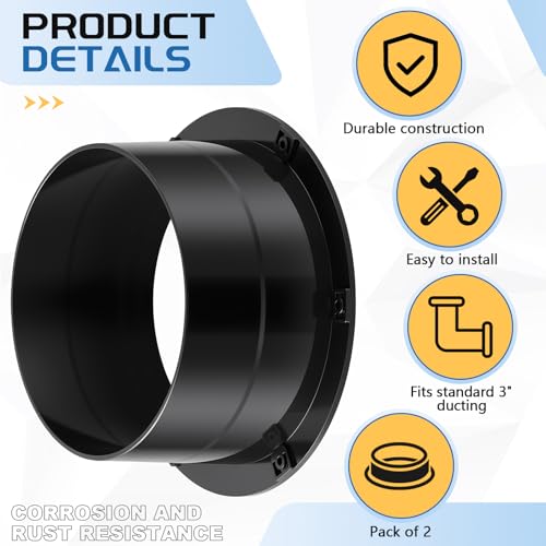 2 Pcs Duct Connector Flange 3 Inch Plastic Straight Pipe Flange Black Duct Reducer Dryer Vent Connector for Heating Cooling Grow Tent Bathroom Kitchen Ventilation System - size: 3 Inch