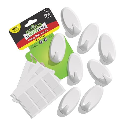 FrogTape reMOVEables Heavy Duty Wall Hooks - 8 Hooks and 12 Strips - Holds up to 3 lbs - No Damage - Easy to Remove & Reuse - Medium Wall Hook with Adhesive Strips - White (Pack of 8) - size: Pack of 8, style: Medium