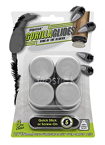 GorillaGlides CB323 1-1/4 Inch Furniture Sliders/Chair Glide Floor Protectors (Set of 8 Glides) Self-Adhesive Screw On Furniture Glides for Low Pile Carpet and Hard Surface Flooring, Round - size: 1-1/4 Inch Furniture - 8 Pack