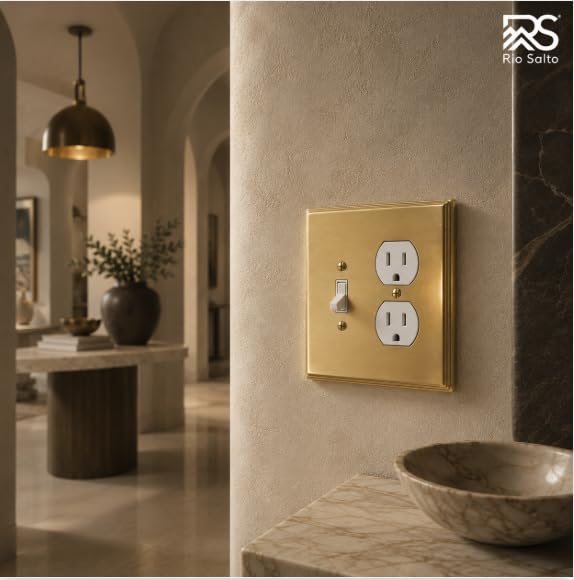 Rio Salto BRASS Light Switch Cover Toggle Duplex Combination Wall Plate Flip Switch Receptacle Brushed Brass Gold Metal Outlet Covers Decorative — Deco Collection, Standard 4.56" x 4.50" - color: Combo Toggle / Duplex (1-Pack)