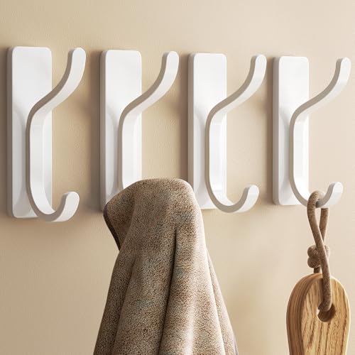 Adhesive Wall Hooks for Towel/Coat,13Lb Strong Stick-On Hooks, White 4 Pack - color: White, size: 4 Pack
