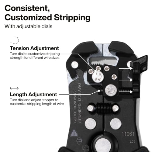 Klein Tools 11061 Self-Adjusting Stripper / Cutter, Heavy Duty, for 10-20 AWG Solid, 12-22 AWG Stranded, and Romex Wire 12/2 and 14/3