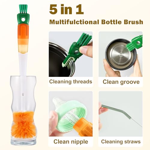 XYFuuee 5Pcs Water Bottle Cleaner Brush Set 5 in 1 Cup Straw Cleaning Brush - color: Orange