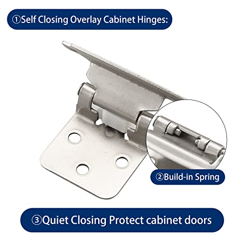 HOME MASTER HARDWARE Self Closing Overlay Cabinet Hinges 1/2" Variable Semi-Concealed Hinge for Kitchen Bathroom Hinges Flush Mount w/Cupboard Screws, Satin Nickel Finish 20 Pcs - color: Satin Nickel-20Pack, size: 1/2"Overlay
