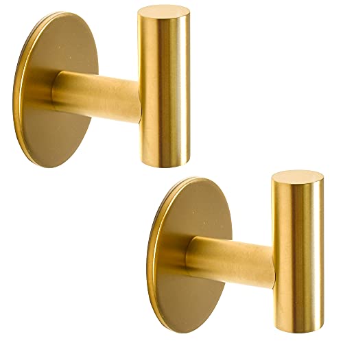 Vuzvuv Brushed Gold Self Adhesive Stainless Steel Towel Hooks (2-Pack) | SUS304, Self-Adhesive, Heavy Duty, Waterproof, Coat Robe Wall Hook for Bathrooms Kitchen Hotel - color: Gold-2 Pcs