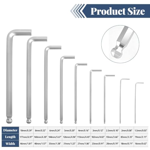 9-Piece Metric Allen Wrench Set, 1.5-10mm Mid-Long Chrome Vanadium Steel Hex Key Set, L-Shaped Allen Ball End Wrenches for Bike, Motorcycle & Auto Repair - color: Mid-long Chrome Plating Set
