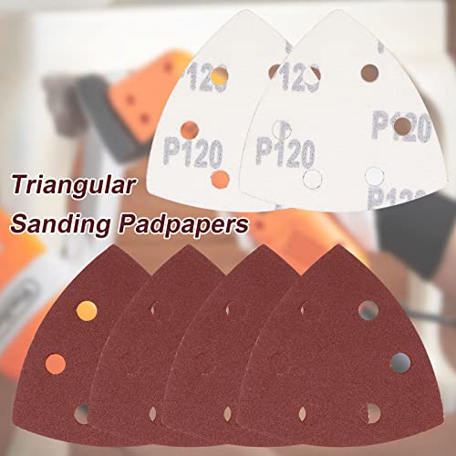 120 Pcs Triangle Sanding Pads, 120 Grits Detail Sander Sandpaper Hook and Loop Sanding Sheet,3.54"(90mm) Triangular Sandpaper for 3.5" Oscillating Multi Tool - size: 120 Grit, style: Hole