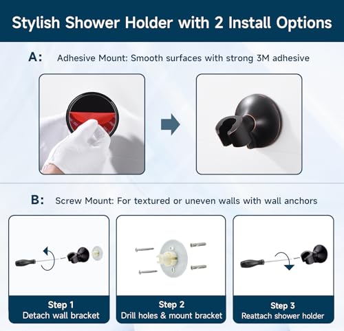BRIGHT SHOWERS Strong Adhesive Shower Head Holder with Dual Angle Adjustable, Wall Mounted Handheld Shower Bracket, Easy Installation, Screw Mounting Options, Oil-Rubbed Bronze - color: Oil Rubbed Bronze, style: Adhesive & Screw - 2 Angles