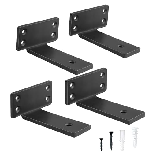 4 Inch Heavy Duty Floating Shelf Brackets,Hidden Black Metal L Bracket,Industrial Modern Wall Shelving Supports,4 Pack