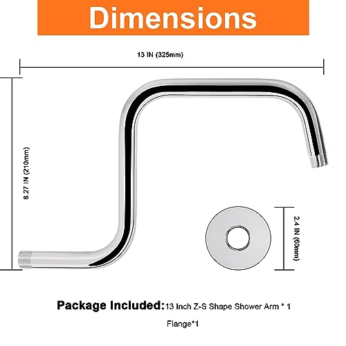 S Shaped Shower Arm, High Rise Shower Head Extension Pipe Standard 1/2" Connection with Flange, Awesome Shower Experience-Stainless Steel Bathroom Accessory(13 Inch Z-S Shape, Chrome Finish) - color: Chrome Finish, style: 13" Z Shape