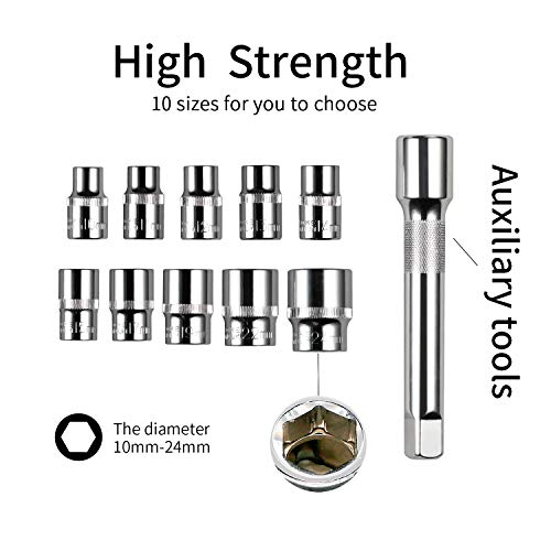 Egofine 12pcs 1/2 Inch Ratchet Socket Wrench Set, Drive Socket Set with 10 Sockets 10-15,17,19,22,24mm and 2 Way Quick Released Ratchet Handle and Extension Bar - color: 12pc Standard Socket Set, size: 1/2