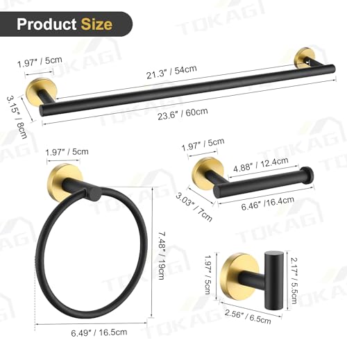TQKAG Black and Gold Bathroom Hardware Set, 6-Piece Towel Bar Set 23.6 Inch - color: Black+gold, size: 6-Pieces Set