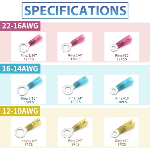 90Pcs Heat Shrink Wire Connectors Electrical Kit - Oiojuct Marine Automotive Wiring Crimp Terminals Assortment, Waterproof Ring Electrical Butt Connector