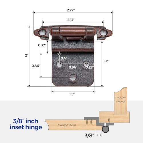 Ravinte 3/8" Inset Antique Copper Cabinet Hinges 10 Pack (5 Pairs) - color: ‎‎Antique Copper