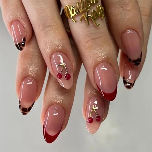 Mivota Medium Press On Nails Almond – 3D Cherry Design with Gold Branch, Red French Tips & Leopard Pattern, 24PCS Acrylic Fake Nails with Glue & Tools, Glossy Reusable Stick On Nails for Women - color: 51-French Cherry