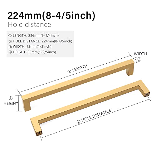 Cabinet Pulls Gold Cabinet Handles Square Drawer Pulls, 5 Pack 8-4/5 Inch Stainless Steel Kitchen Door Cupboard Cabinet Handles, Drawer Hardware Handles, 224mm Hole Centers - color: Gold, size: Two Hole - 8-4/5 inch Hole Centers(224mm)