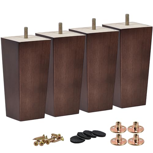 4 inch / 10cm Wooden Furniture Legs, Tchosuz Pack of 4 Mid Century Modern Solid Wood Walnut Pyramid Square DIY Replacement Feet with 5/16" Hanger Bolts & T-Nuts for Sofa Couch Armchair Bed Riser - color: Walnut, size: 4"/10cm