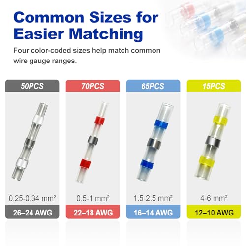 200 Pcs Heat Shrink Solder Seal Wire Connectors Kit, Waterproof Electrical Butt Splice Connectors for Marine, Automotive, Trailer, RV, Boat and Truck Wiring