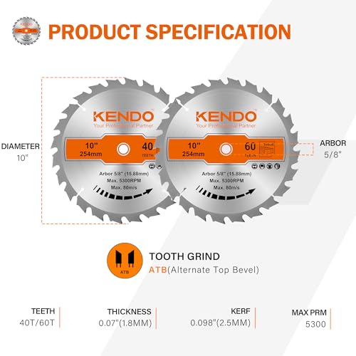 KENDO 10 Inch Circular Saw Blade Set, 2-Pack 40T 60T, 5/8 Arbor