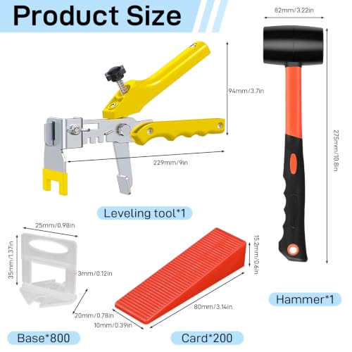 Tile Leveling System with Tile Plier And Rubber Mallet,800 Piece Tile Spacers Clips And 200 Piece Reusable Wedges,Tile Tools Set for Stone Installation(1/8 Inch Tile Spacers)