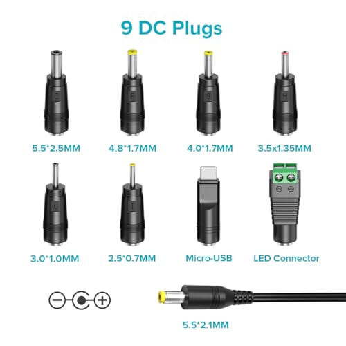 ZOZO Universal AC/DC Adapter 12W 3V 4.5V 5V 6V 7.5V 9V 12V Switching Power Supply Charger with 8 Tips 5.5x2.1mm 5.5x2.5mm Micro USB for Routers Speakers CCTV Cameras LED Strip Lights - size: 12w