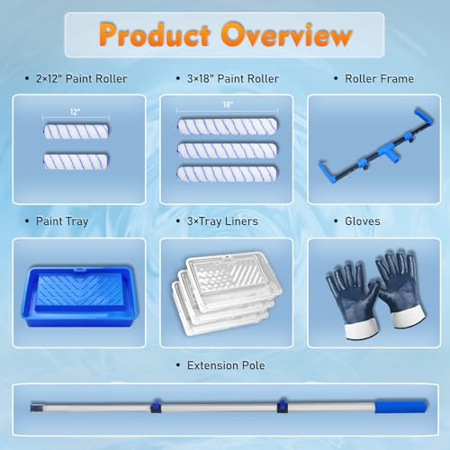 18 Inch Paint Roller Kit with Tray and Extension Pole for Wall Painting - size: 21.26~47.64in Extension Pole