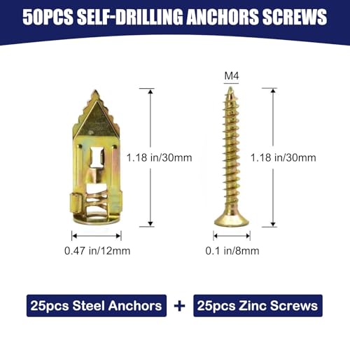 Maozaa 50 pcs Self-Drilling Drywall Anchors with Screws, 0.47x1.18 Inch Zinc Plated Steel Drywall Wall Anchors and Screws Kit Heavy Duty, Easy Application No Drill or Holes in Wall - size: 50PCS 0.47x1.18 inch