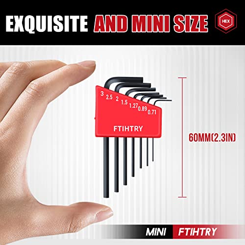 FTIHTRY 7PCS Mini Metric Hex-L Key Allen Wrench, 0.7mm, 0.9mm, 1.27mm, 1.5mm, 2mm, 2.5mm, 3mm,Chrome Vanadium Steel