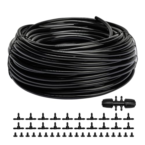 Maotong 100FT 1/4 inch Drip Irrigation Tubing Distribution Hose Tube for Garden Irrigation System (Includes 1 pack 6-Way Connector and 20pcs 1/4" Tee Splitters and End Plugs) - size: ‎100FT 1/4" Tubing