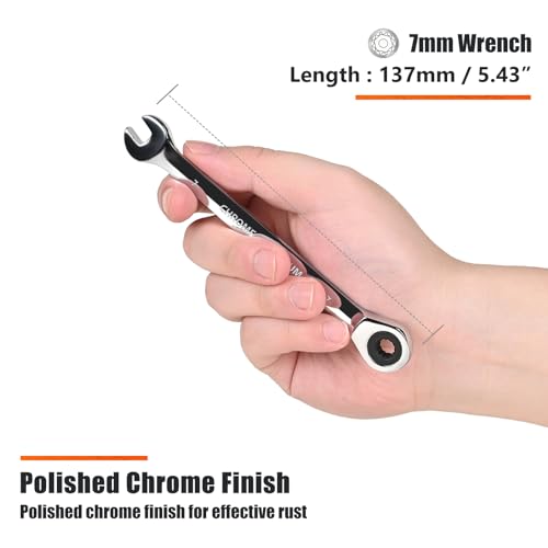 Egofine 7mm Ratcheting Combination Wrench Metric, Industrial Grade Gear Spanner with 12-Point Design, 72-Tooth Ratchet, Chrome Vanadium Steel - size: 7mm
