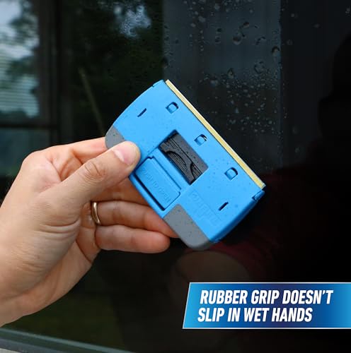 Unger Professional Compact 4” Window and Glass Scraper, Reversible Razor Blade Tool with Retractable Safety Guard, Use for Residue, Stickers, Glue, and Paint on Smooth Surfaces