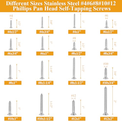 545 Pieces #4#6#8#10#12 Wood Screws Set, Phillips Countersunk Head #4#6#8#10#12 Self-Tapping Screws Assortment Kit, 304 Stainless Steel - size: Wood Screws Kit (#4#6#8#10#12), style: Phillips Countersunk Head