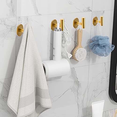 Vuzvuv Brushed Gold Self Adhesive Stainless Steel Towel Hooks (4-Pack) | SUS304, Self-Adhesive, Heavy Duty, Waterproof, Coat Robe Wall Hook for Bathrooms Kitchen Hotel - color: Gold-4 Pcs