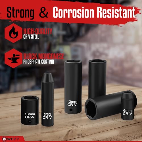 WETT 1/4" Drive Impact Socket Set, 55 Piece, SAE/Metric, Deep/Shallow, Cr-V Steel, 6 Point, (5/32"-9/16", 4-15mm) Sockets with Ratchet Handle, Extension bar, Adapter and Universal Joint - size: 55pcs 1/4" Socket (SAE/Metric, Deep/Shallow)