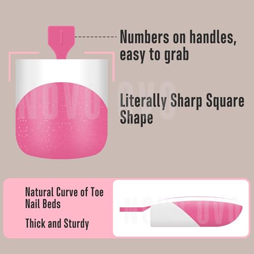 NOVO OVO French Tip Toe Nail Tips press on, ROSE PINK WITH GLITTER Sharp Square Toe Nail Tips Toenail Extension, Need Builder Gel & Top Coat, no Glue, Full Cover Acrylic for DIY 15 Sizes 240 pcs - color: Sharp Square White French Tip Rose Pink