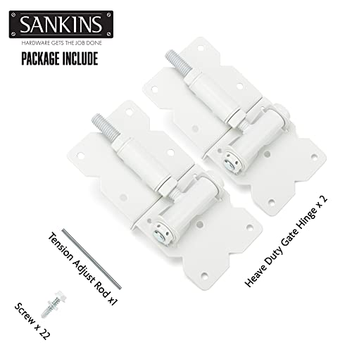 Self Closing Gate Hinges Heavy Duty Hardware Hinges for Wooden/Vinyl/PVC Fences, 90 Degree Adjustable Gate Hinge with Installation Screws and Swing Adjuster Tool, 2 Pack/Set, White - color: White