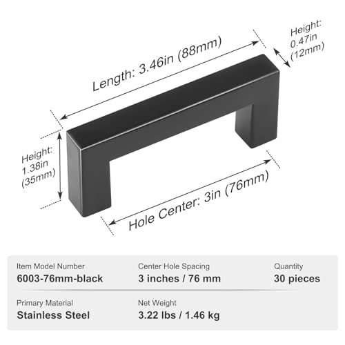 VEVOR 30 Pack Black Cabinet Pulls, 3in / 76mm Center to Center Kitchen Drawer Handles, Rust and Scratch-Resistant Hardware, Stainless Steel Door Handles for Kitchen Bathroom Bar Hardware Matte - size: 3 inch Hole Centers(76mm)