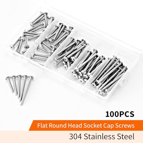 M3 x 20mm 25mm 30mm 35mm 40mm Flat Round Head Hex Socket Cap Screws Bolts, Furniture Screws, 304 Stainless Steel, Metric Fully Threaded, Allen Hex Drive, Bright Finish, Assortment Kit 100PCS - size: M3 x 20/25/30/35/40mm (100PCS)