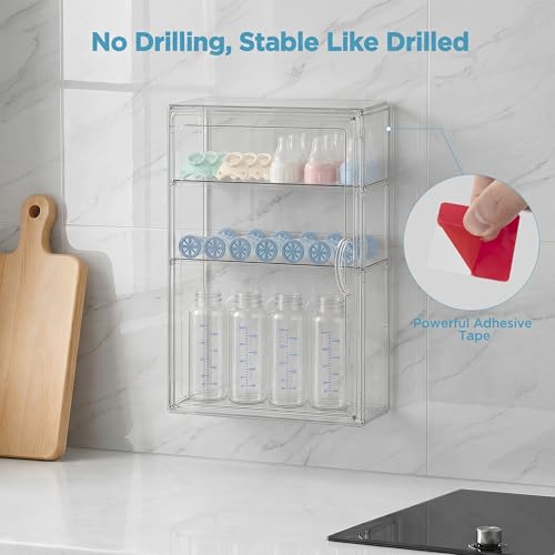 HBlife Baby Bottle Storage Organizer for Countertop Cabinet, 3 Tiers Adjustable Clear Acrylic Bottles Storage Station Case Box Container with 2 Removable Dividers and Magnetic Door, Medium - size: Medium, style: 3-Tier Single Door