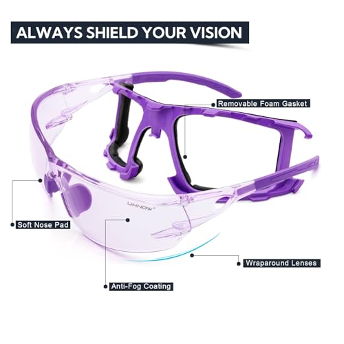 UKNOW Safety Glasses - Anti Fog Wraparound Lenses - Removable Foam Gasket - ANSI Z87.1 Protective Eyewear - Impact Resistant - color: Purple With Light Tint